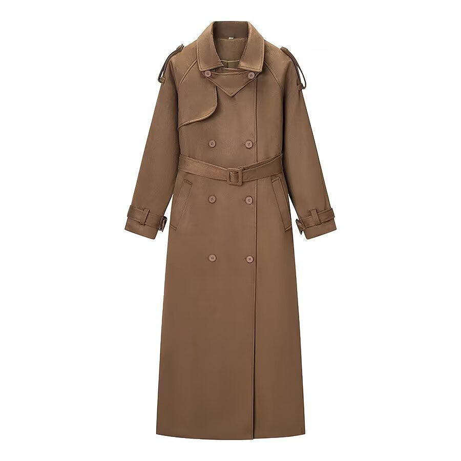 Damen Eleganter langer Taillentrenchcoat mit doppelreihiger Knopfleiste und ausgestelltem Saum Nord Taschen