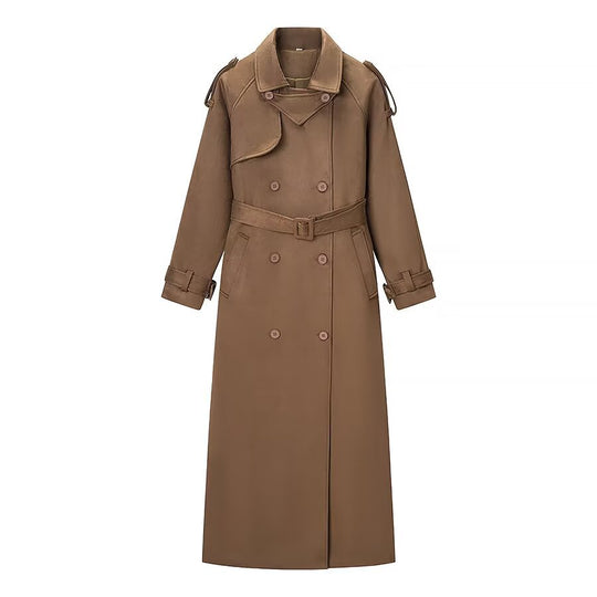 Damen Eleganter langer Taillentrenchcoat mit doppelreihiger Knopfleiste und ausgestelltem Saum Nord Taschen