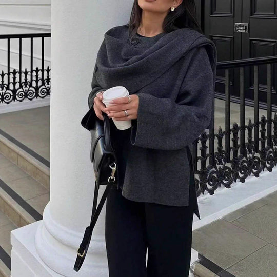 Damen Oversize Wickelponcho-Mantel mit weitem Schalkragen und Ein-Knopf-Detail Nord Taschen