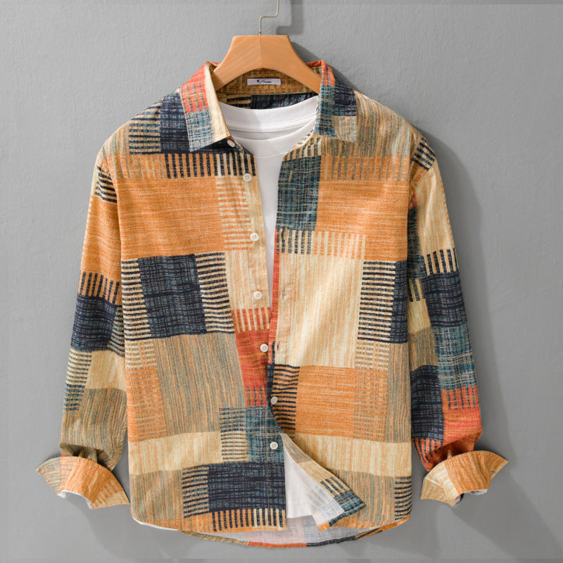 Herren Gemustertes Langarm-Hemd im Patchwork-Look aus leichtem Baumwollmix Relaxed Fit Nord Taschen