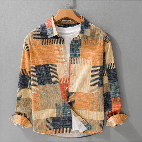 Herren Gemustertes Langarm-Hemd im Patchwork-Look aus leichtem Baumwollmix Relaxed Fit Nord Taschen