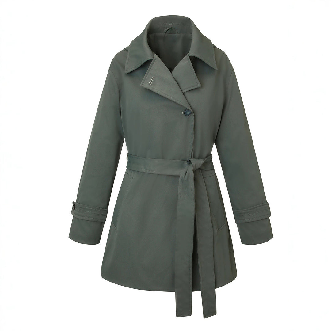 Damen Kurztrenchcoat mit tailliertem Bindegürtel und weitem Revers Nord Taschen