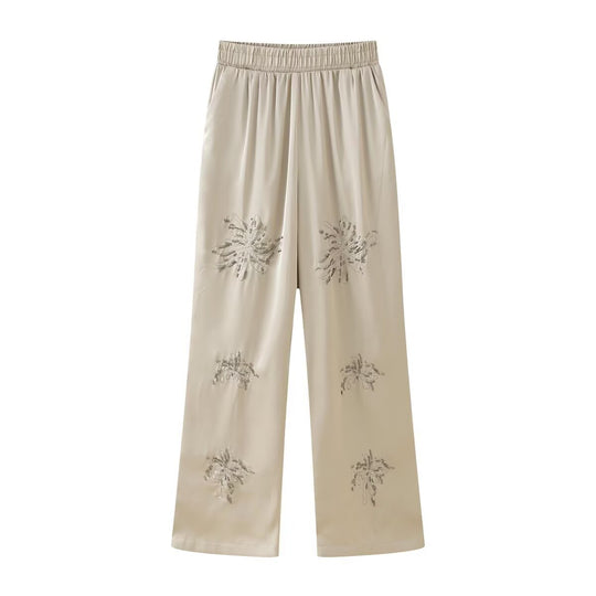 Damen Elegante Satinhose im Palazzo‑Schnitt mit elastischem Umschlagbund und floraler Zierstickerei Nord Taschen