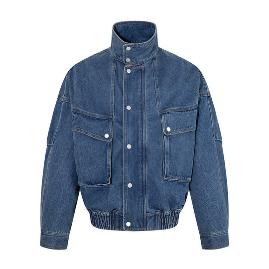 Damen Oversize-Jeansjacke mit Stehkragen, Druckknopfleiste und aufgesetzten Cargo-Taschen Nord Taschen