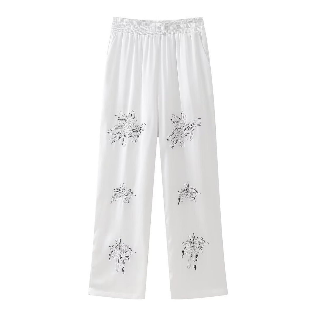 Damen Elegante Satinhose im Palazzo‑Schnitt mit elastischem Umschlagbund und floraler Zierstickerei Nord Taschen