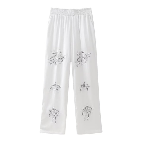 Damen Elegante Satinhose im Palazzo‑Schnitt mit elastischem Umschlagbund und floraler Zierstickerei Nord Taschen