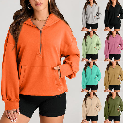 Damen Oversize-Halbreißverschluss-Kapuzenpullover mit Kängurutasche Nord Taschen