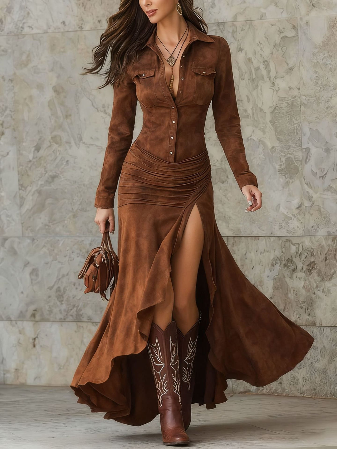 Damen Langes Hemdkleid im Wildleder‑Look mit Raffung, asymmetrischem Volant‑Saum und hohem Beinschlitz Nord Taschen