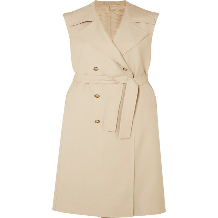 Damen ärmelloser Wickel-Trenchcoat aus Baumwollmix mit doppelreihiger Knopfleiste und Taillengürtel Nord Taschen