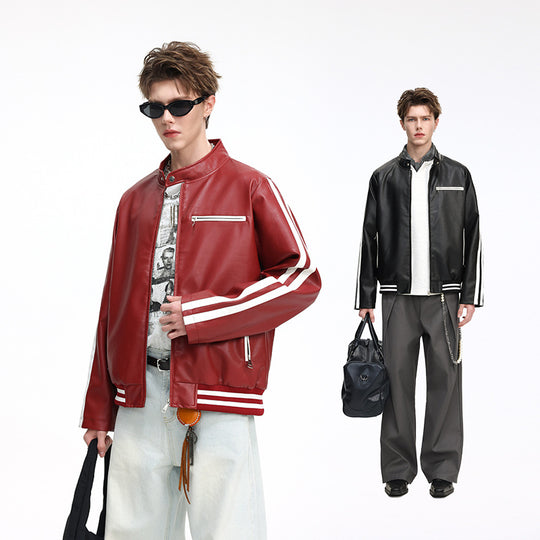 Herren Lederimitat-Collegejacke mit Kontraststreifen, Reißverschlusstaschen und Stehkragen Nord Taschen