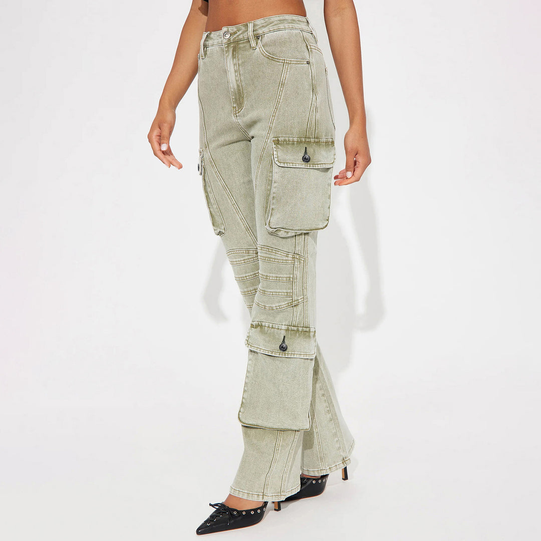 Damen High-Waist Cargo-Denimhose mit weitem Bein, Mehrfachtaschen und Used‑Details Nord Taschen