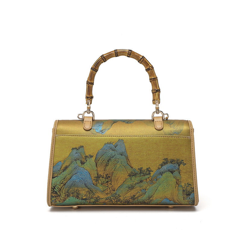 Damen elegante Handtasche mit Bambusgriff und kunstvollem Landschaftsmotiv Nord Taschen