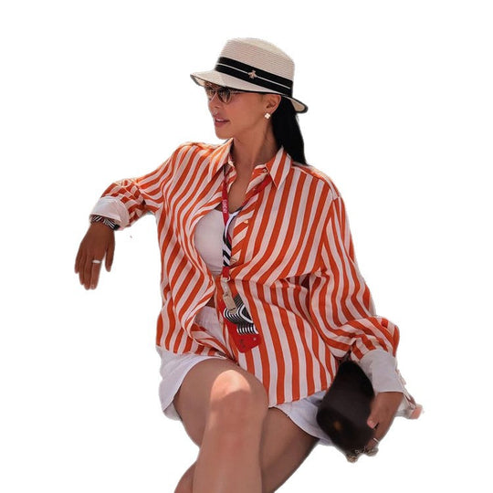 Damen Gestreifte Oversize-Hemdbluse mit kontrastierenden Manschetten & Knotenabschlüssen Nord Taschen