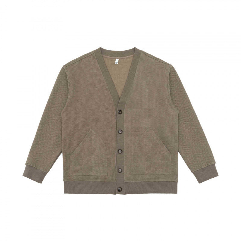 Unisex Oversize Waffelstrick-Cardigan mit V-Ausschnitt, Knopfleiste und aufgesetzten Taschen Nord Taschen