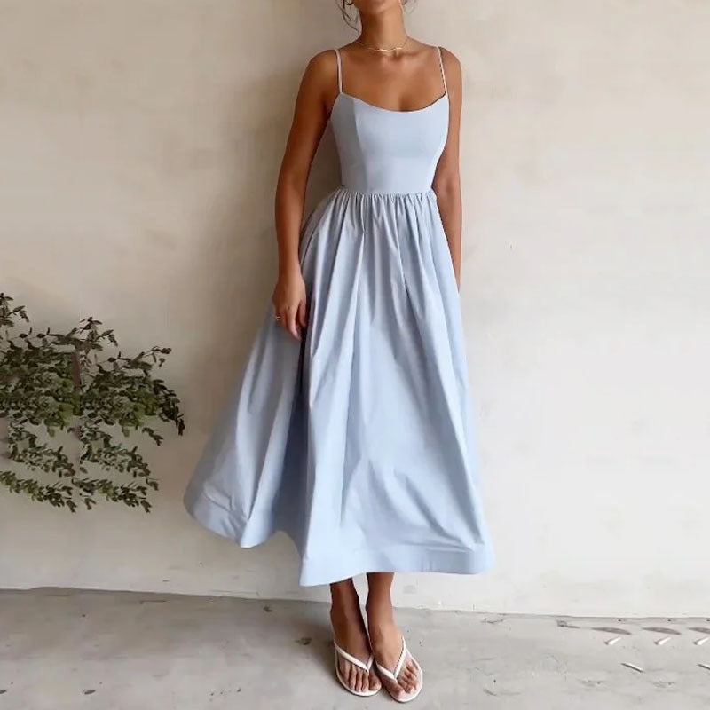 Midi Kleid Spaghettiträger Quadratischer Ausschnitt Ausgestellter Rock Elegante Passform