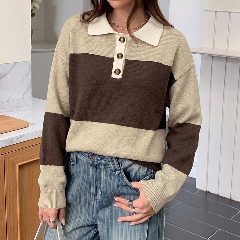 Damen Gestreifter Oversize-Polo-Strickpullover mit Knopfleiste und Rippsaum Nord Taschen