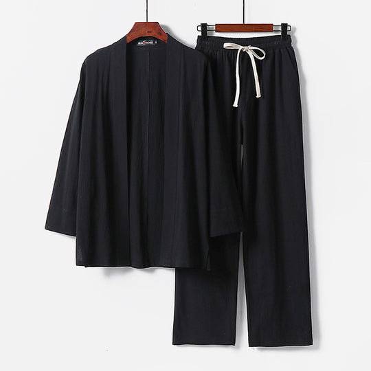 Herren Lockeres Kimono-Loungewear-Set aus leichter Baumwollmischung mit elastischer Kordelhose Nord Taschen