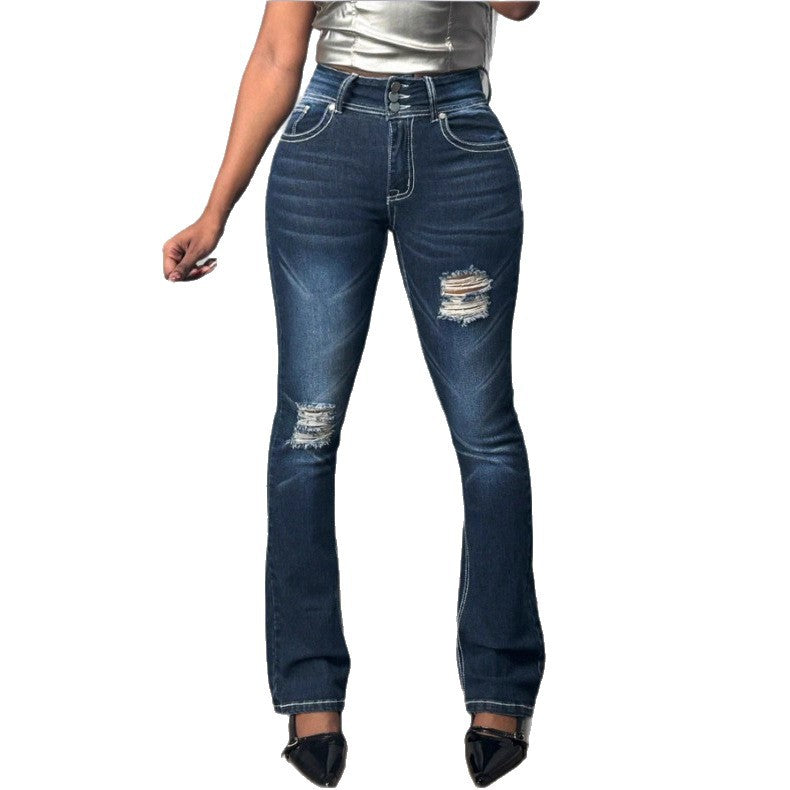 Damen Figurformende High-Waist Bootcut-Jeans mit dreifacher Knopfleiste und dezenter Destroyed-Optik Nord Taschen