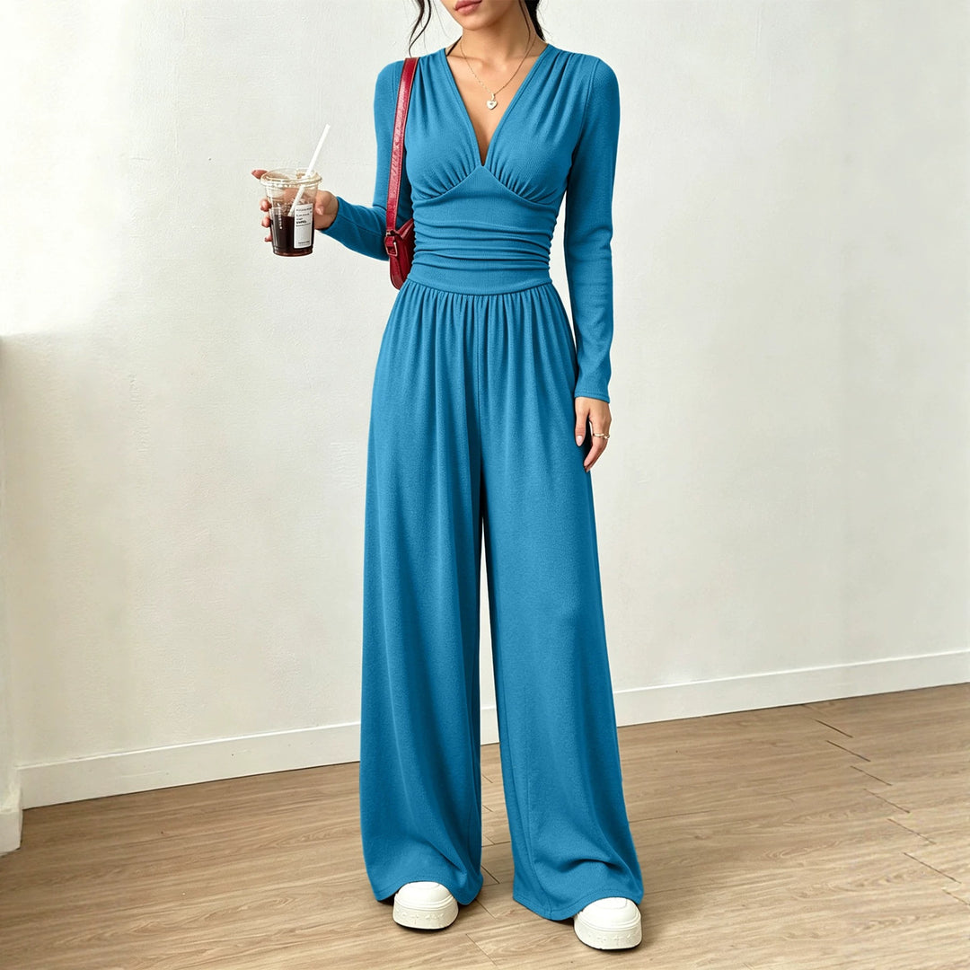 Damen Eleganter V‑Ausschnitt Jumpsuit mit tailliertem Wickelbund und weitem Hosenbein Nord Taschen