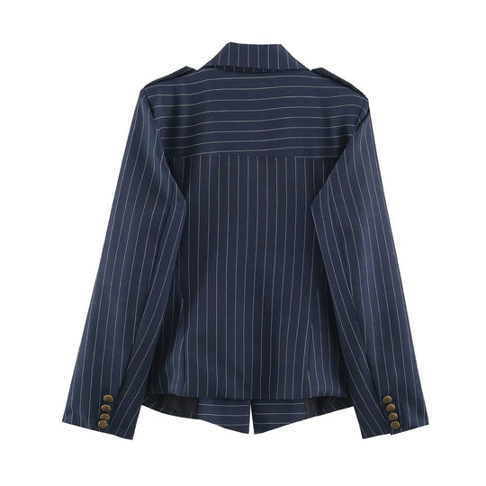 Damen taillierter Doppelreiher-Nadelstreifenblazer mit Schulterklappen Nord Taschen