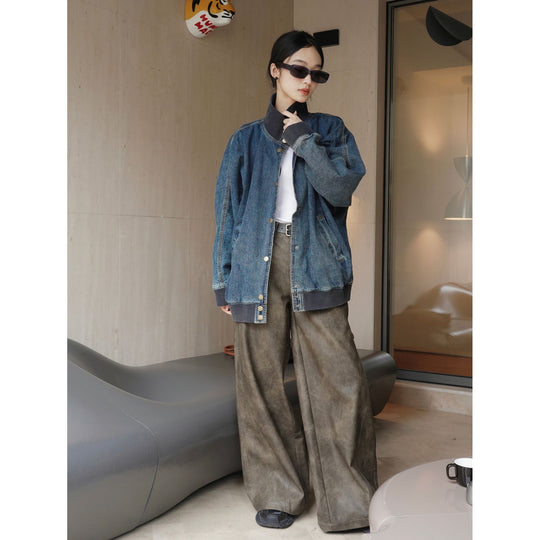 Damen Oversized Jeans-Bomberjacke mit Rippkragen und Druckknopffront Nord Taschen