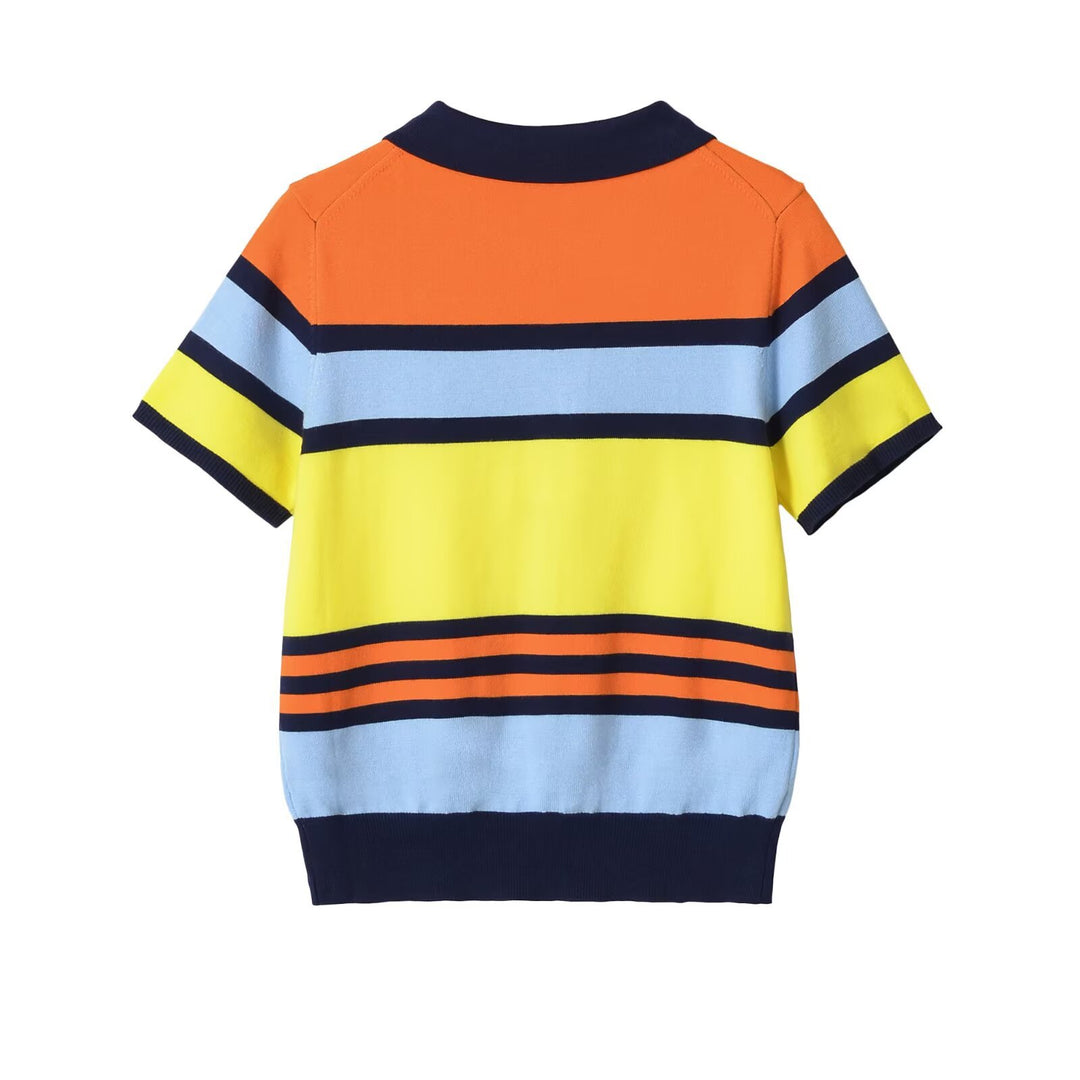 Damen Kurzärmeliges Strickpoloshirt mit Knopfleiste und Blockstreifen Nord Taschen