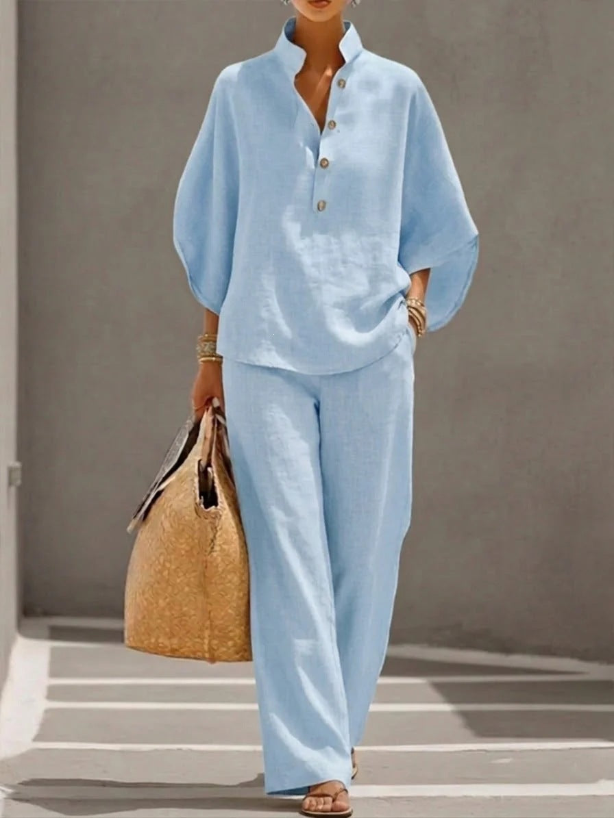 Damen Leichtes Leinen-Loungewear-Set mit Stehkragen Knopfleiste und weitem Marlene-Schnitt Nord Taschen