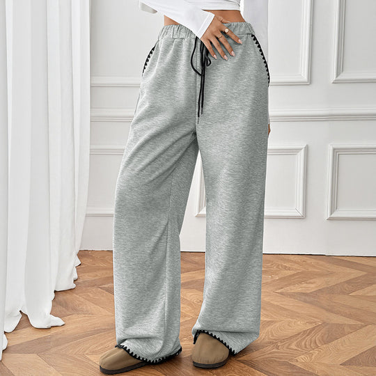 Damen Weite Relax-Fleece-Hose mit hohem Bund, Kordelzug und Zierstich-Details Nord Taschen