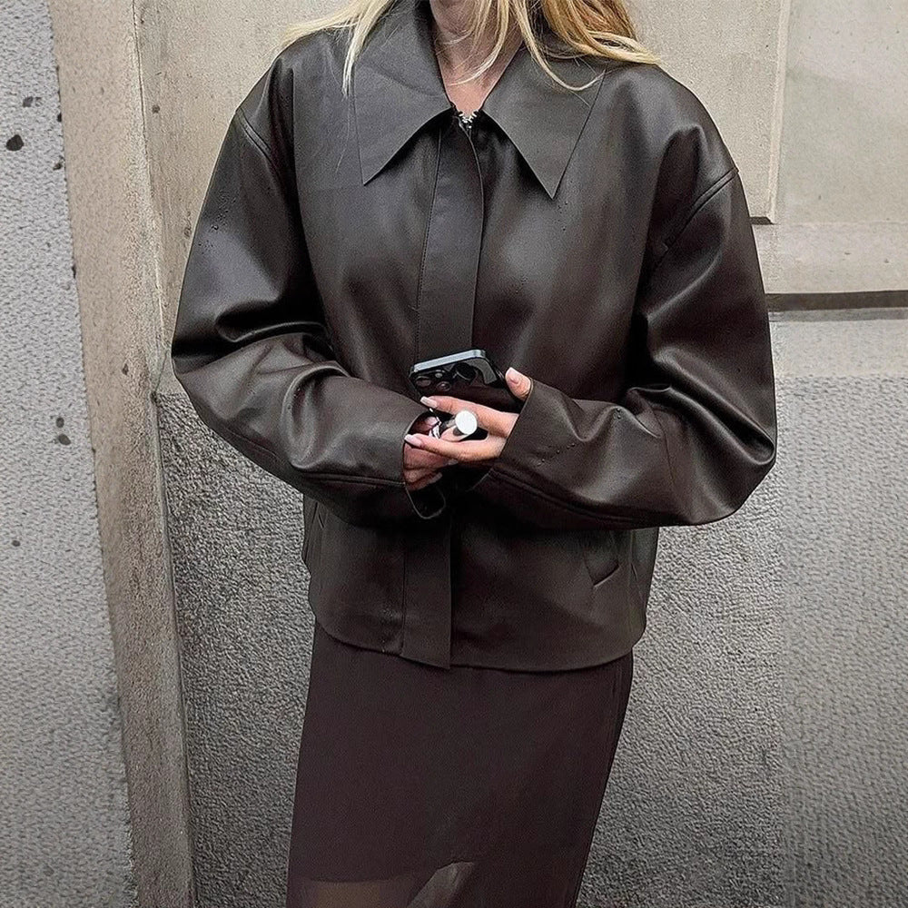 Damen Cropped Boxy Jacke aus Lederimitat mit übergroßem Kragen und verdeckter Reißverschlussleiste Nord Taschen
