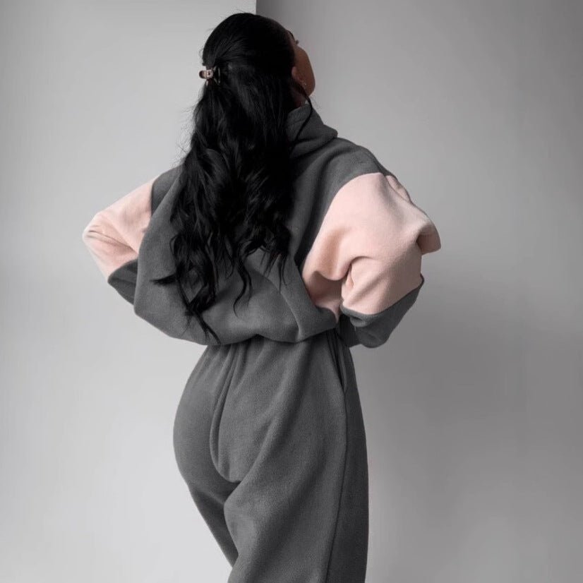Damen kuscheliges Hoodie-Set mit kontrastärmel, elastischer High-Waist-Jogginghose und überschnittener Kapuze Nord Taschen