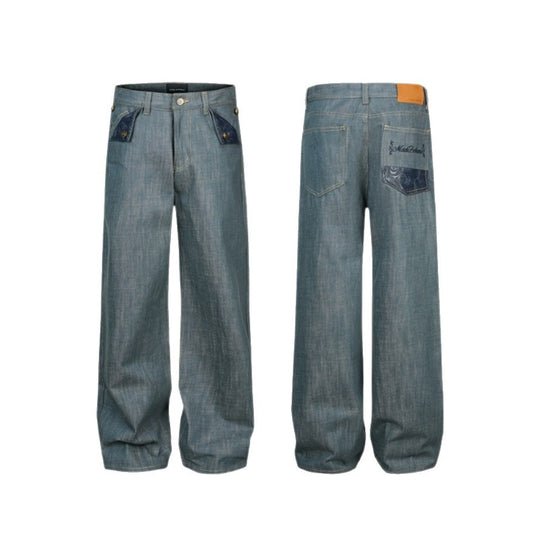 Damen Weite High‑Waist Jeanshose mit dekorativen Umschlagtaschen Nord Taschen