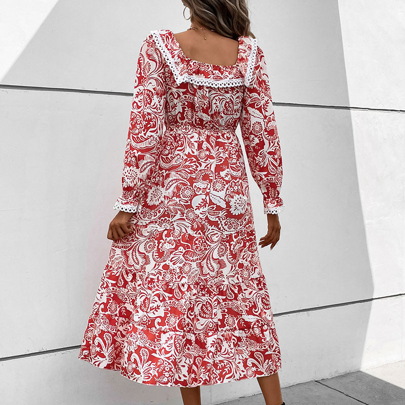 Damen Romantisches Midikleid im Boho‑Stil mit quadratischem Ausschnitt, Spitzenbesatz und Taillenzug Nord Taschen