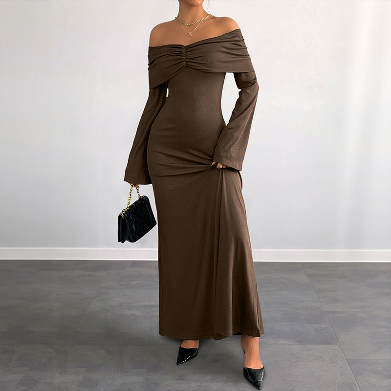 Damen Off-Shoulder Maxikleid mit geraffter Brustpartie und schmaler A‑Linie Nord Taschen