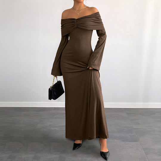 Damen Off-Shoulder Maxikleid mit geraffter Brustpartie und schmaler A‑Linie Nord Taschen