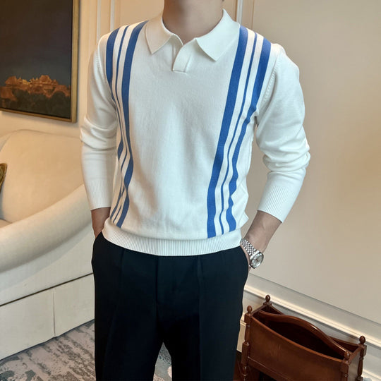 Herren Polokragen-Strickpullover mit markanten Längsstreifen und schmaler Passform Nord Taschen