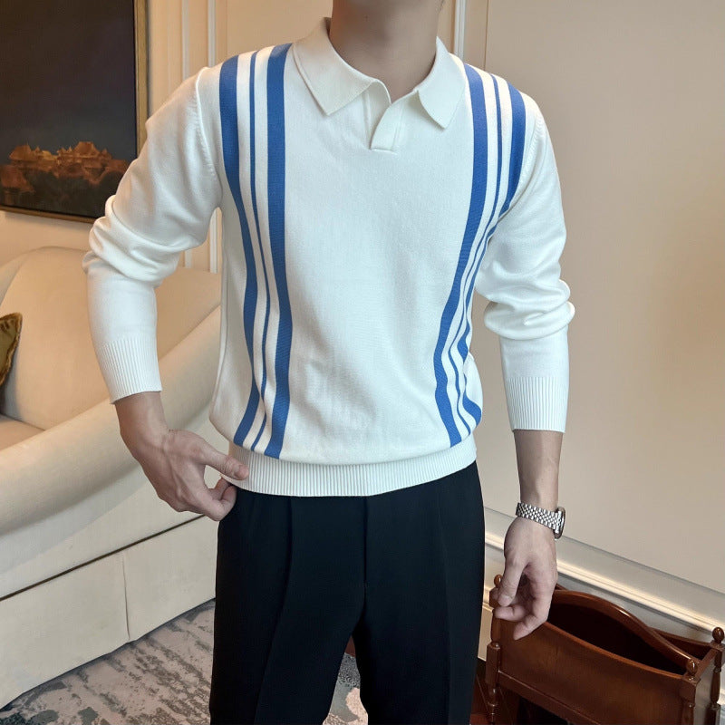 Herren Polokragen-Strickpullover mit markanten Längsstreifen und schmaler Passform Nord Taschen