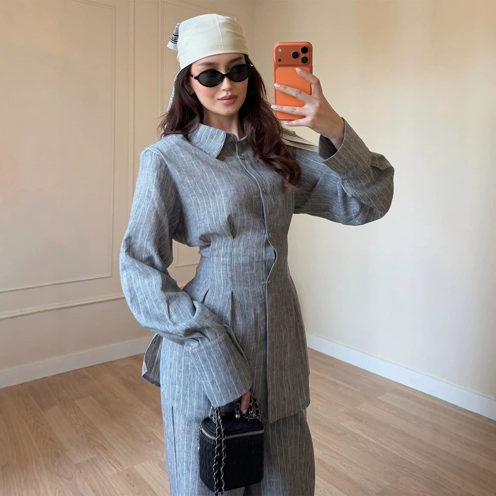 Damen Leichtes Leinen-Loungewear-Set mit Oversize-Hemd und weiter Bundhose Nord Taschen