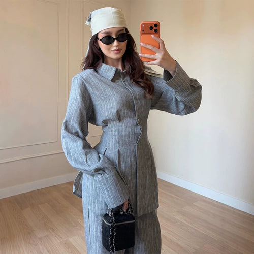 Damen Leichtes Leinen-Loungewear-Set mit Oversize-Hemd und weiter Bundhose Nord Taschen
