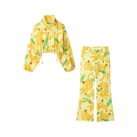 Damen Hochgeschnittene weite Schlaghose mit tropischem Bananenprint Nord Taschen