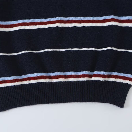 Damen Gestreifter Strickpolopullover mit kurzer Knopfleiste und Rippbündchen Nord Taschen