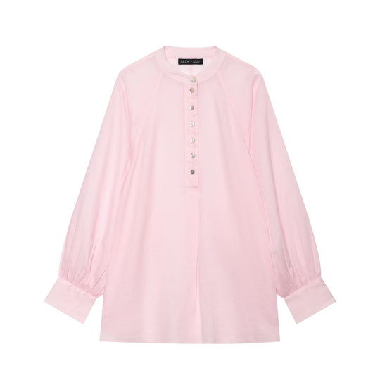Damen Oversize-Bluse mit Stehkragen, durchgehender Knopfleiste und ballonärmeln Nord Taschen