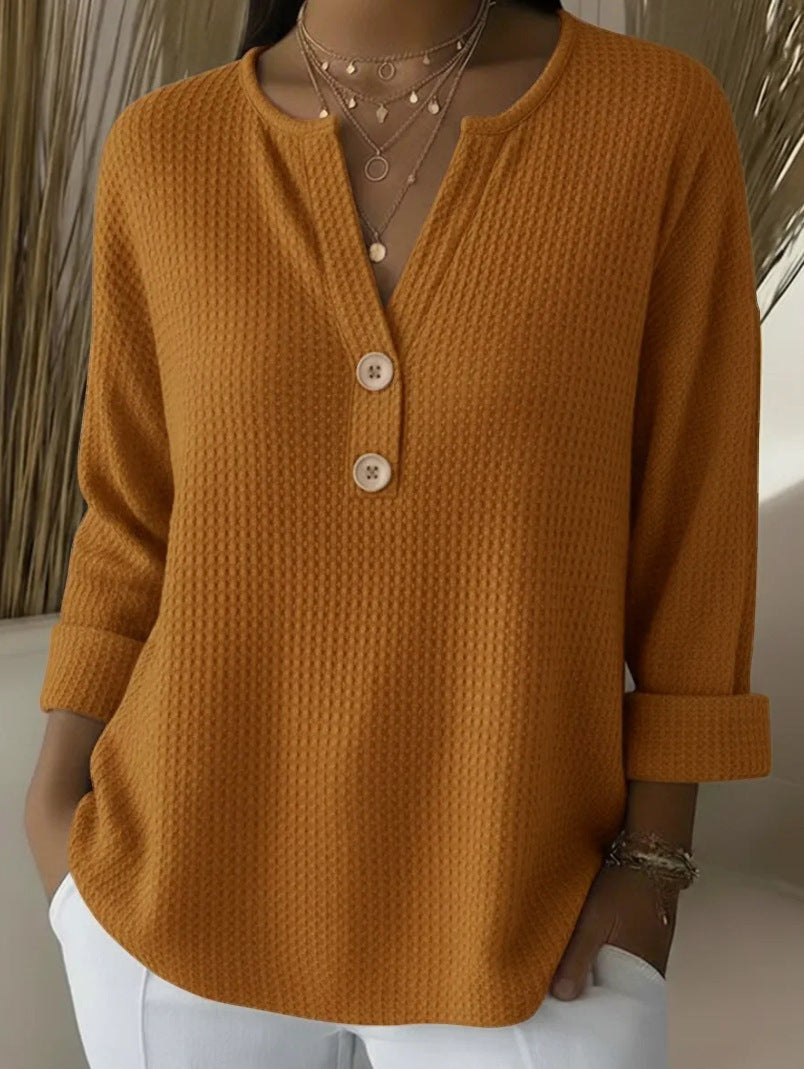 Damen Waffelstrick-Henleyshirt mit Holzknöpfen und krempelbaren Ärmeln Nord Taschen