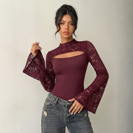 Damen Spitzen-Bodysuit mit Cut-Out, Carmen‑Optik und ausgestellten Trompetenärmeln Nord Taschen