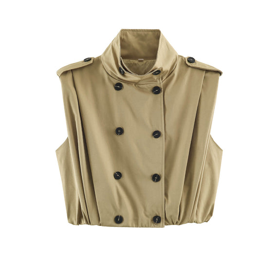 Damen Cropped Trench‑Weste ohne Ärmel mit doppelreihiger Knopfleiste und Epauletten Nord Taschen