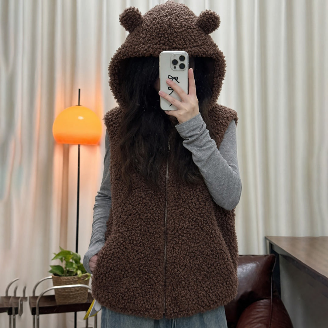 Damen nan kuschelige Teddyweste mit Kapuze und Reißverschluss Nord Taschen