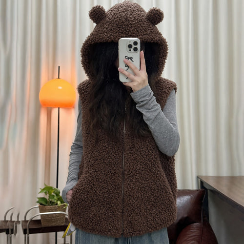 Damen nan kuschelige Teddyweste mit Kapuze und Reißverschluss Nord Taschen