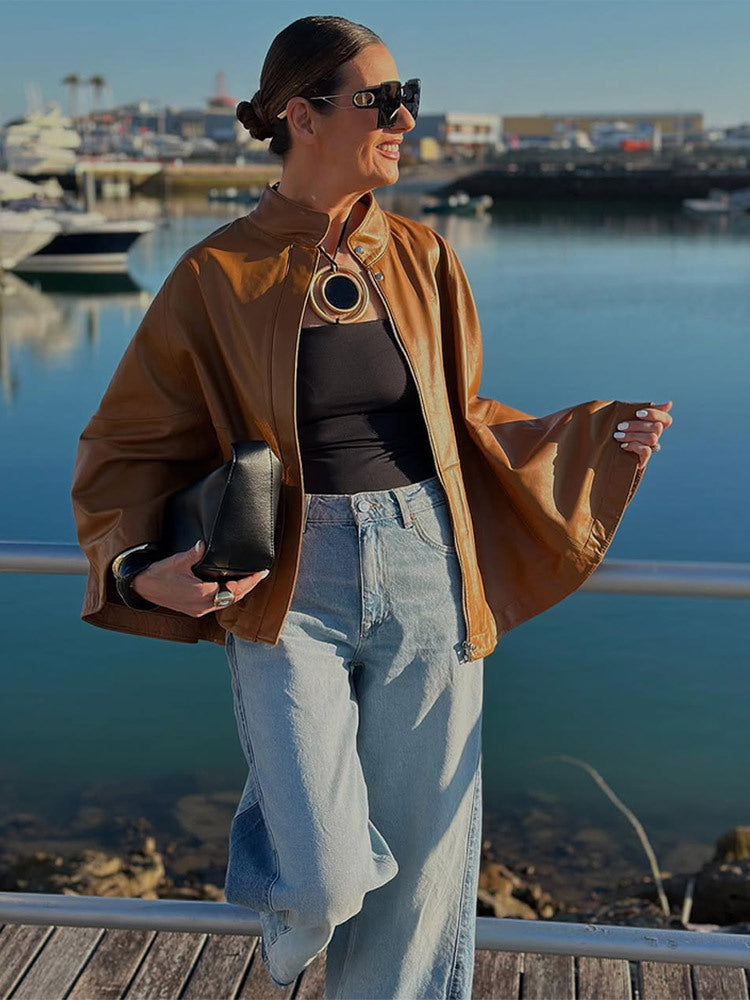 Damen Cape-Ärmige Lederjacke mit Stehkragen Nord Taschen