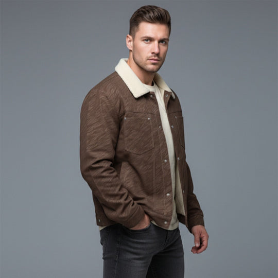 Herren Lässige Sherpa-gefütterte Truckerjacke mit Kunstfellkragen Nord Taschen