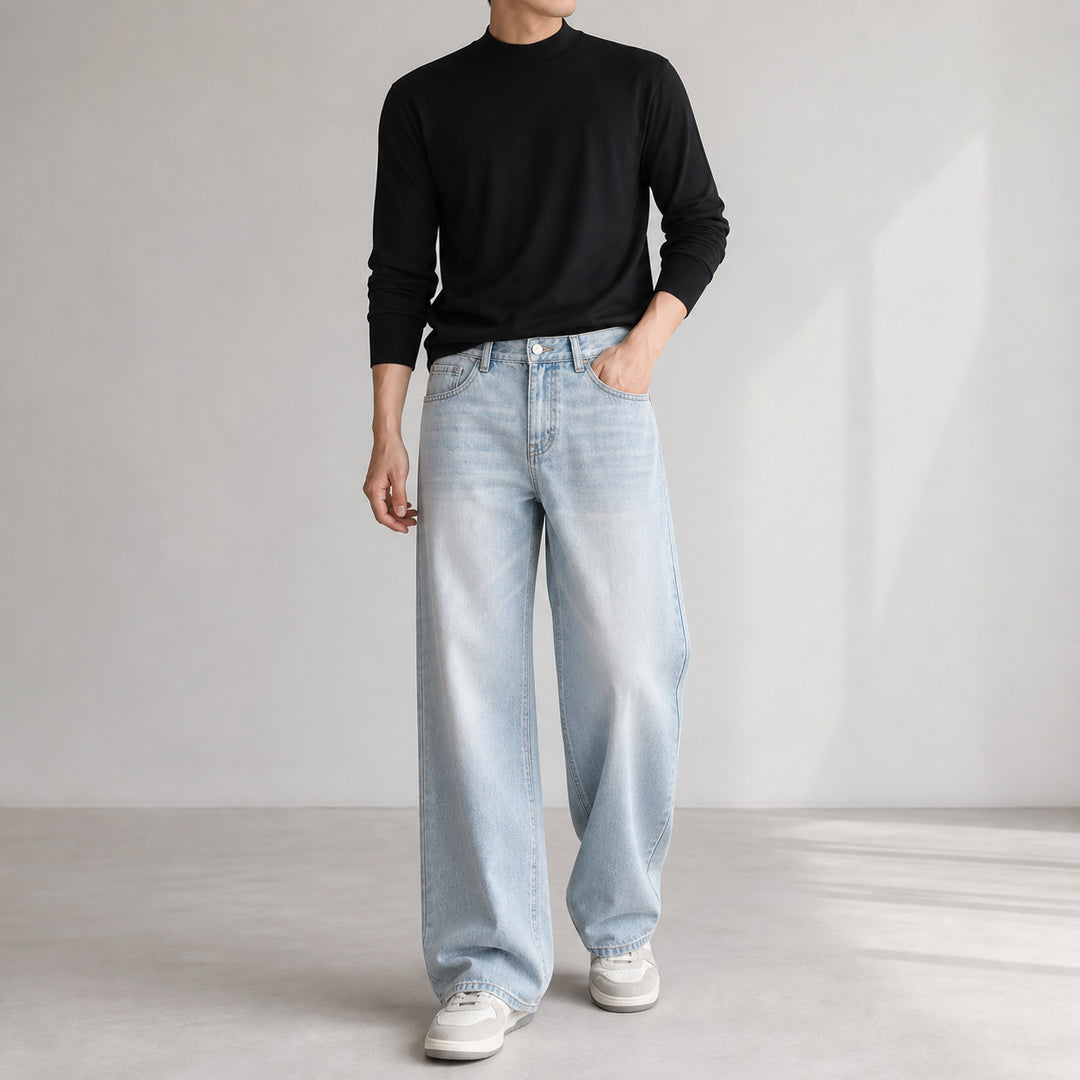 Damen Weite High-Waist-Denimhose mit weitem Bein und Vintage-Waschung Nord Taschen