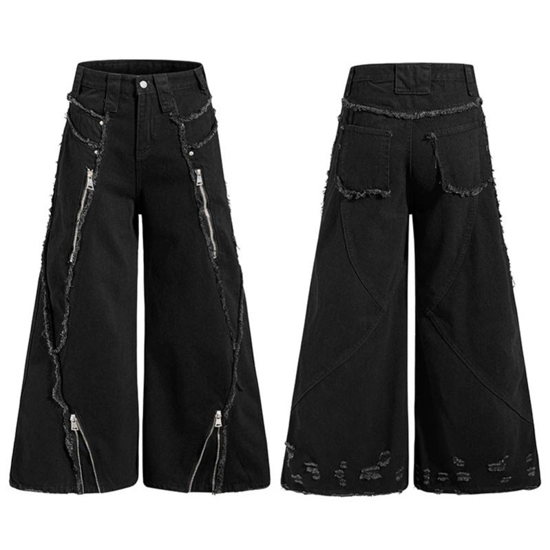 Damen weite Denim-Culotte mit Fransen-Details und Zipper-Akzenten Nord Taschen